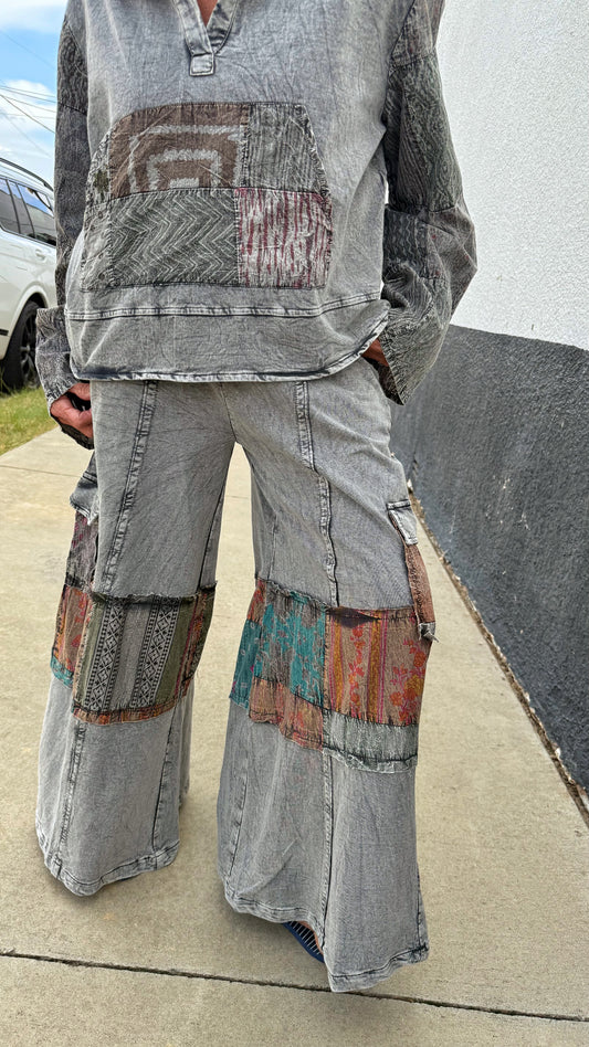 Patchwork Print Hoodie Pant Set