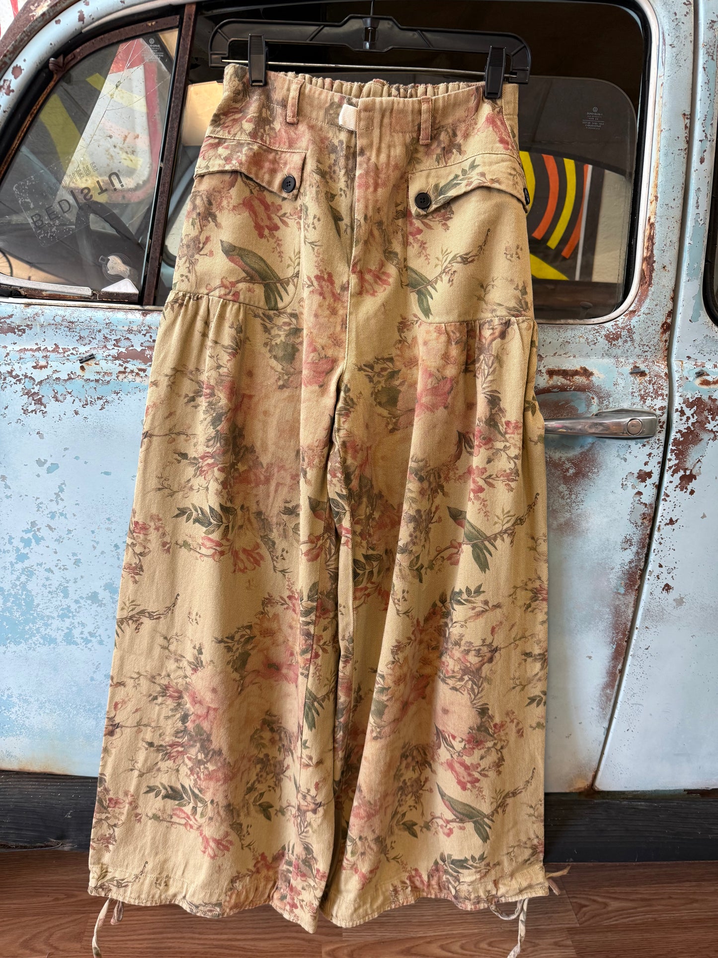 Tan Floral Denim Twill Pants
