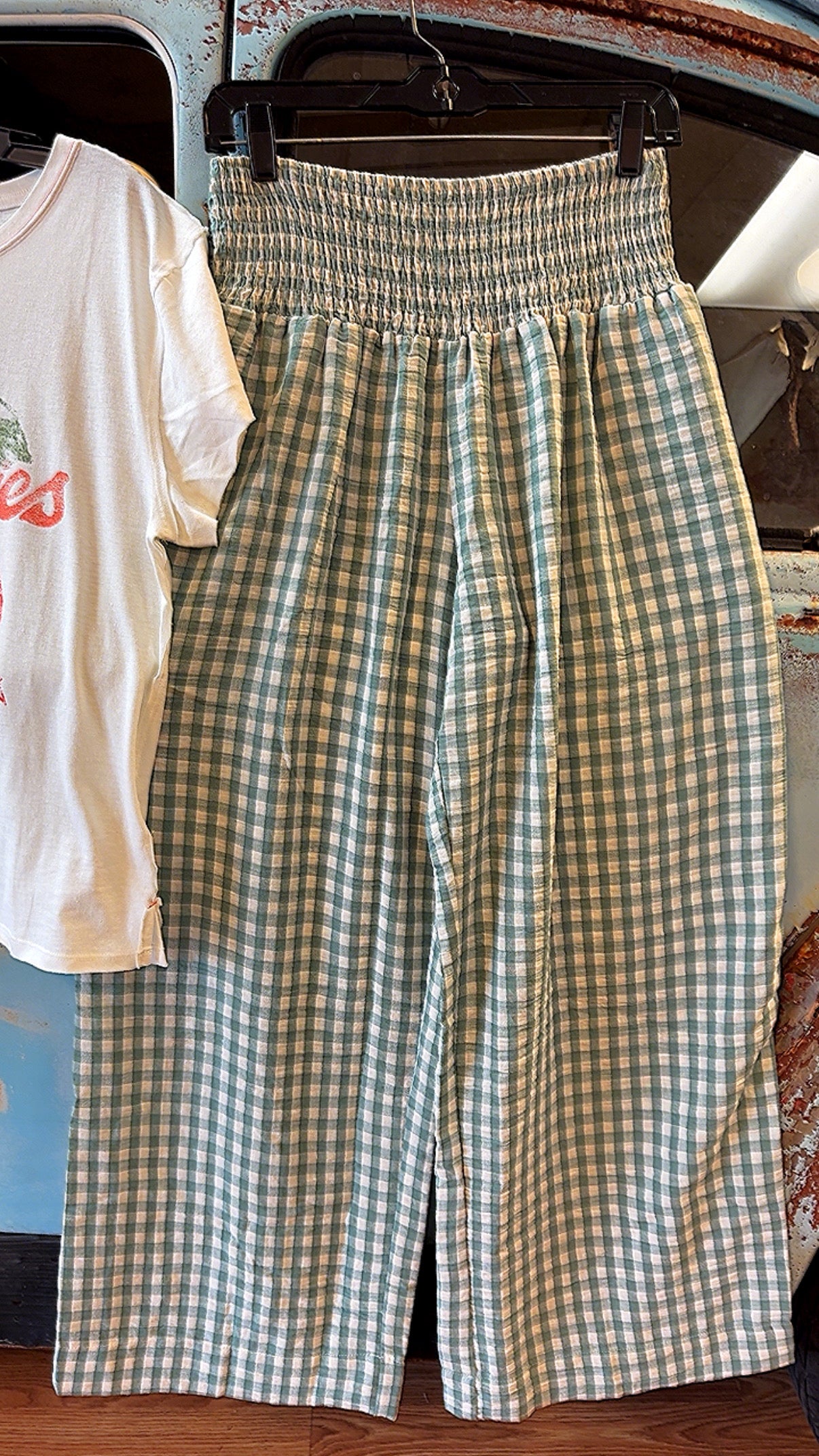Mint Gingham Easy Wide Leg Pants