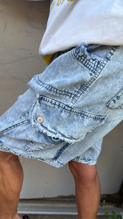 Relaxed Denim Cargo Shorts