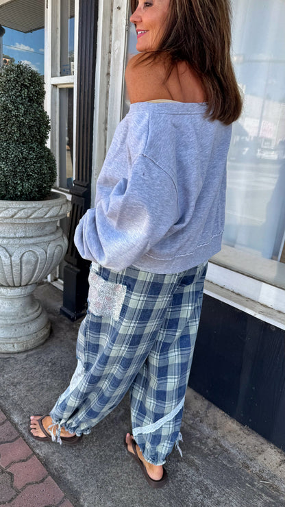 Gray Off-Shoulder Crop Sweatshirt