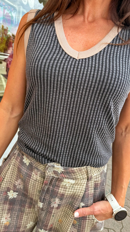 Faded Black Ribbed V-Neck Tank