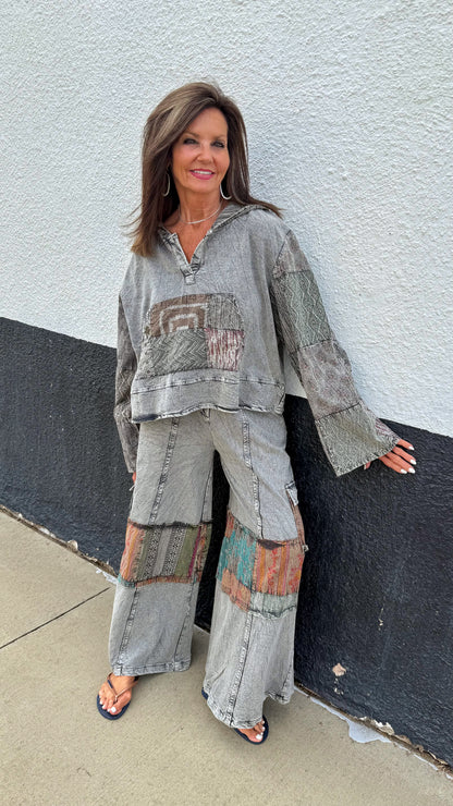 Patchwork Print Hoodie Pant Set