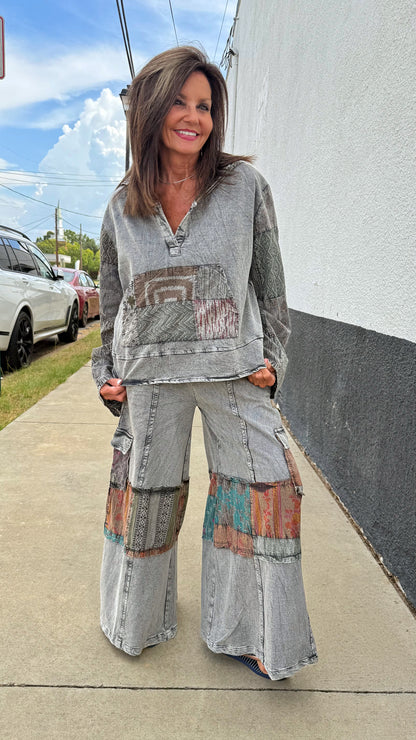 Patchwork Print Hoodie Pant Set