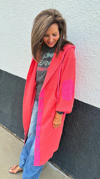 Coral Waffle Knit Button Jacket
