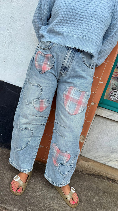 Denim Pink Heart Barrel Jean