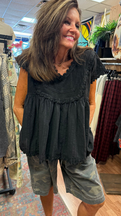 Midnight Bloom Lace-Trim Babydoll Top