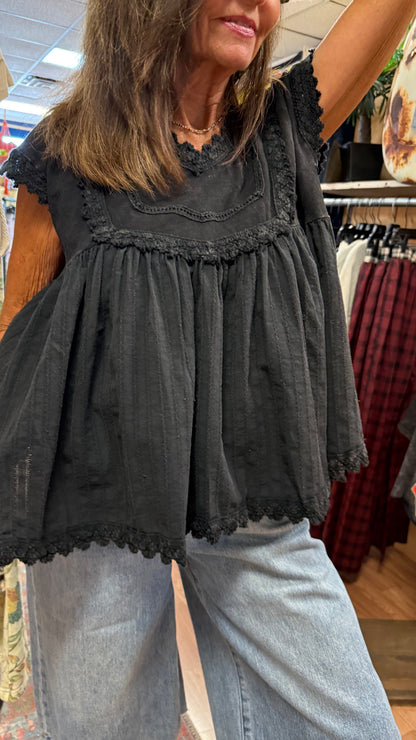 Midnight Bloom Lace-Trim Babydoll Top