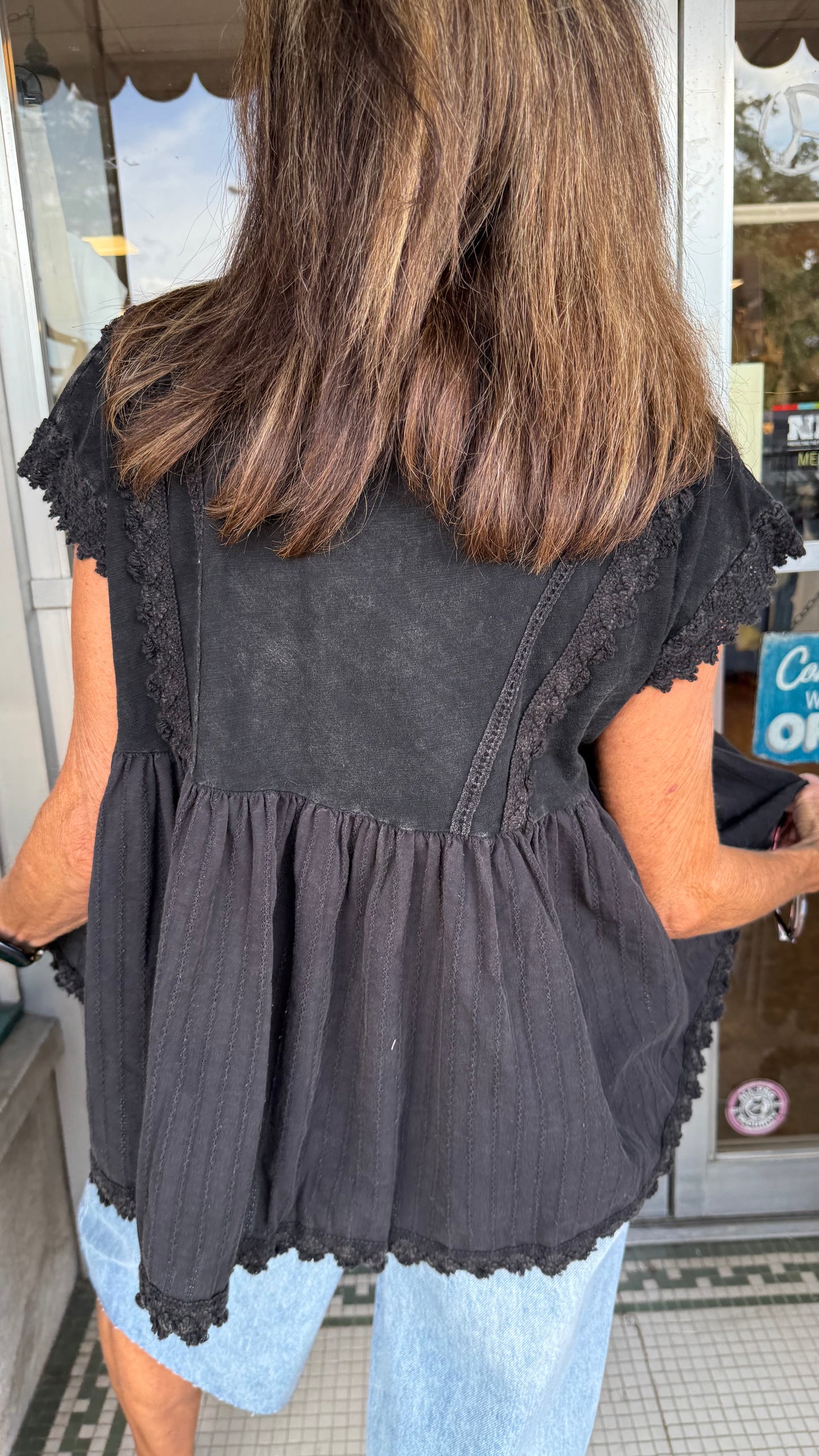Midnight Bloom Lace-Trim Babydoll Top