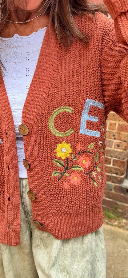 Peace Letter Floral Knit Cardigan