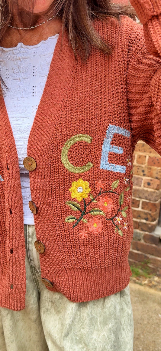 Peace Letter Floral Knit Cardigan