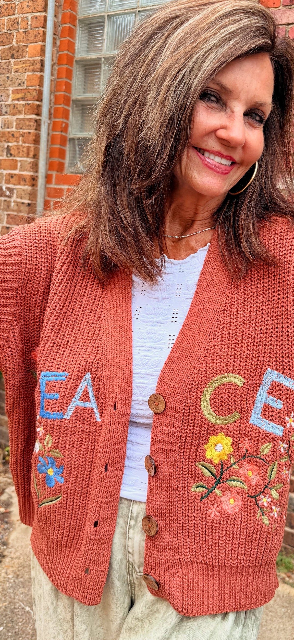 Peace Letter Floral Knit Cardigan