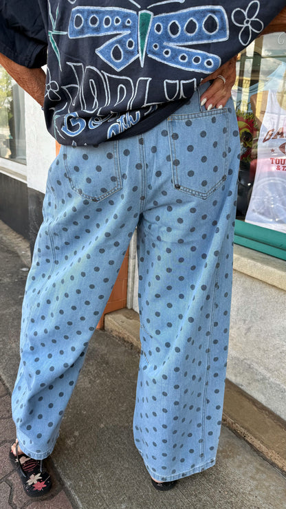 Blue Polka Dot Barrel Denim Jeans
