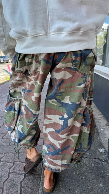 Camo Crop Tie Bottom Utility Pants