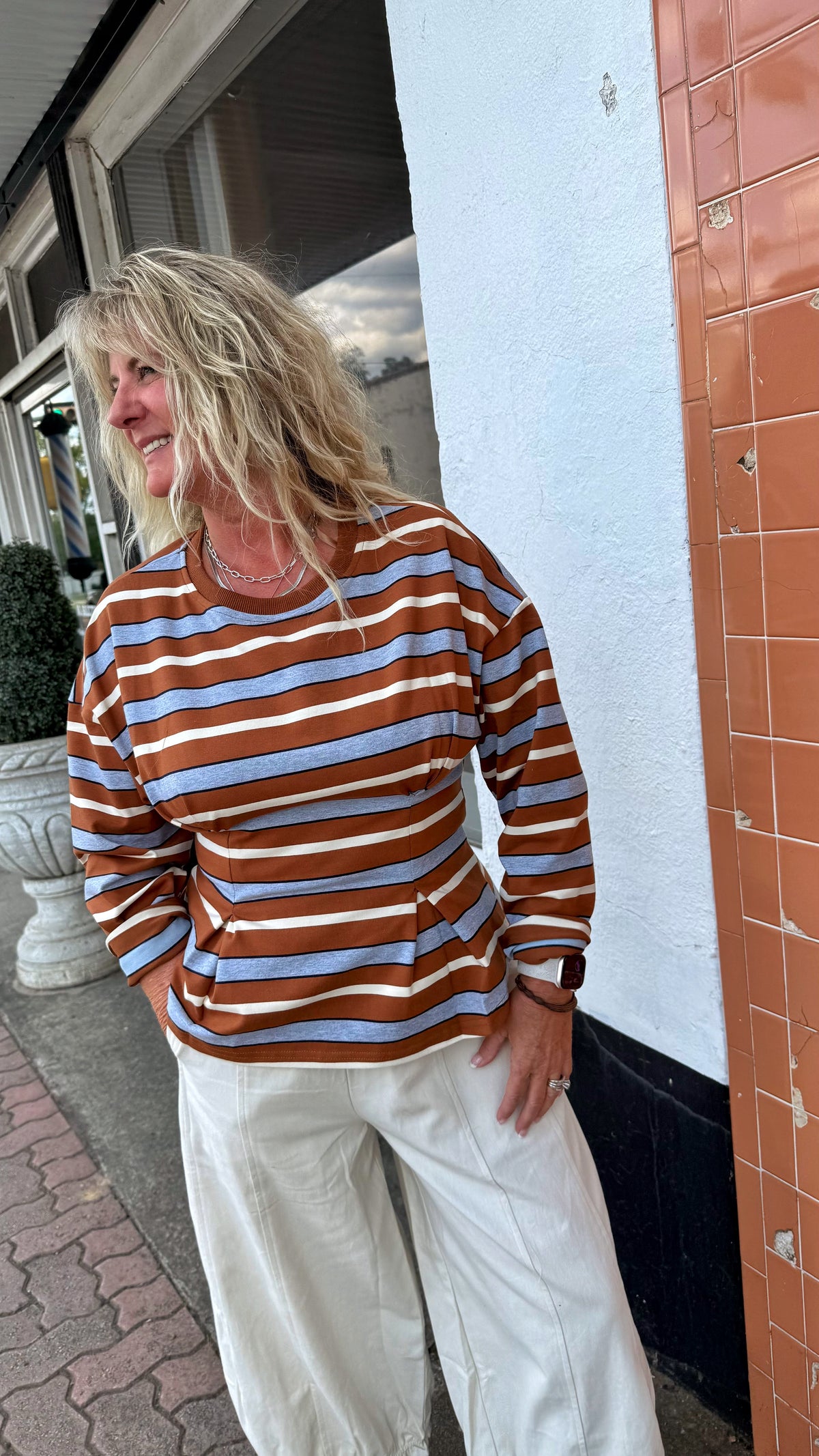 Brown Burgundy Stripe Pleated Top