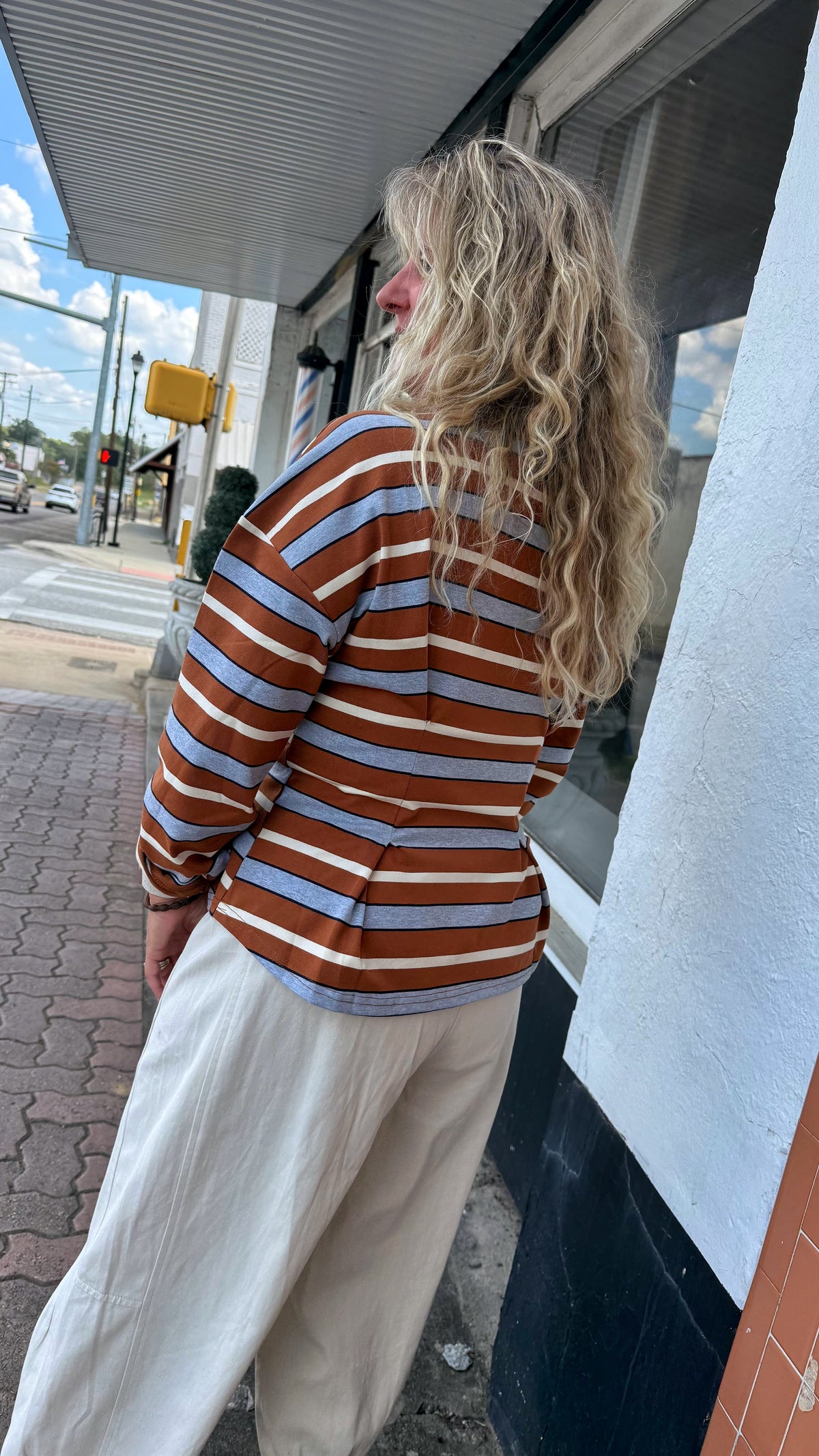 Brown Burgundy Stripe Pleated Top