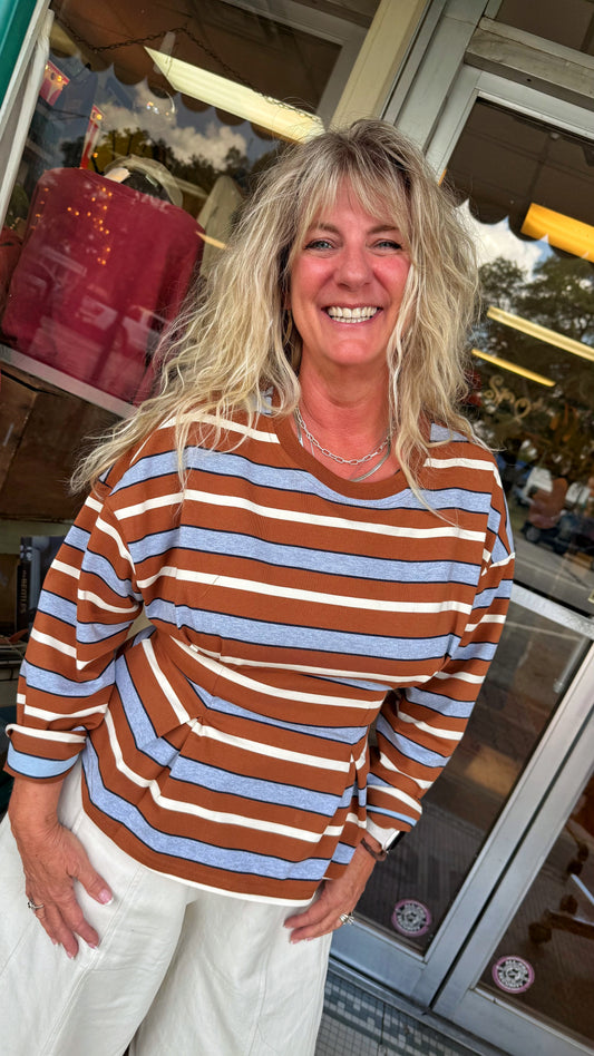 Brown Burgundy Stripe Pleated Top