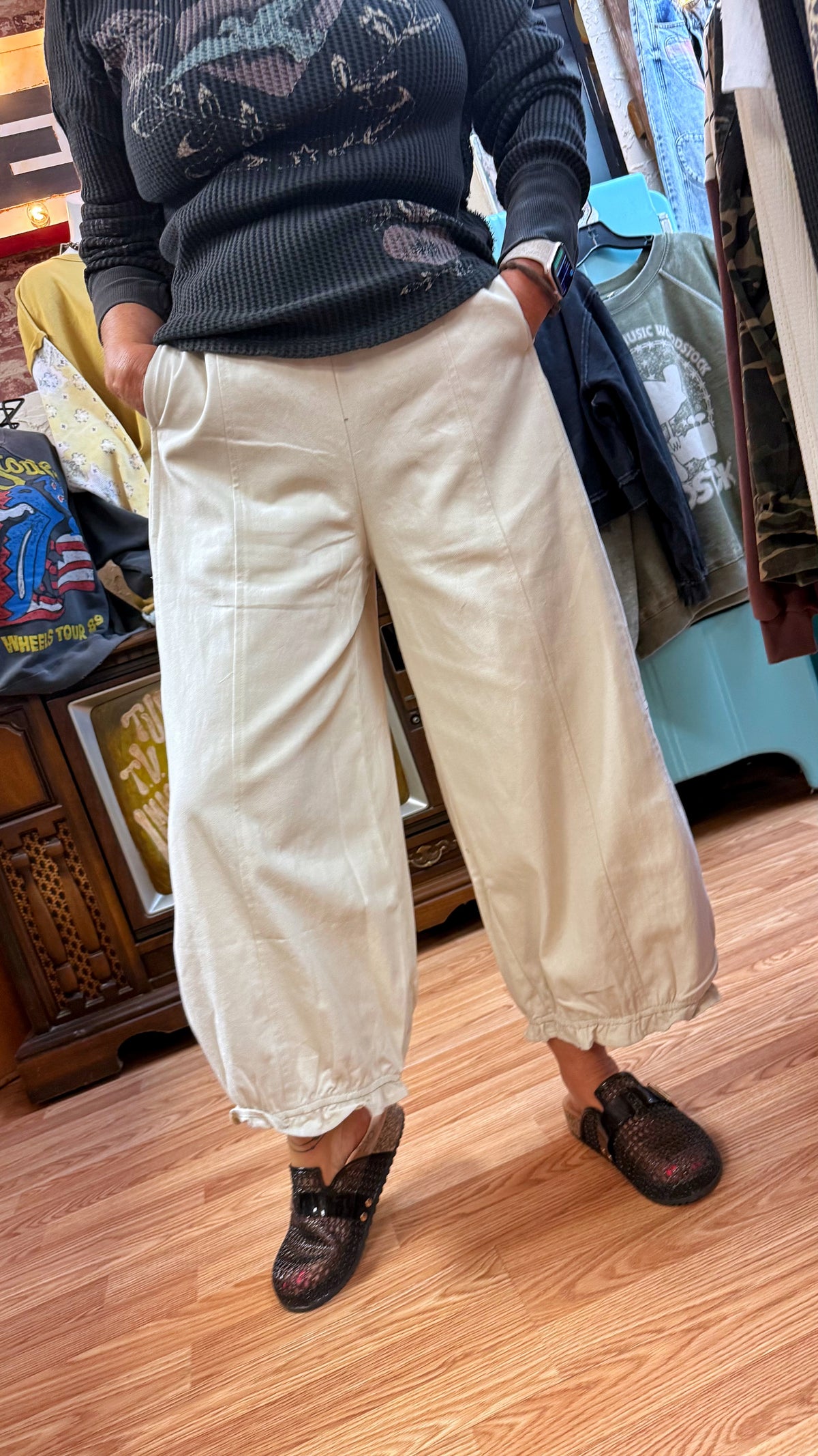 Cream Elastic Waist Balloon Pants