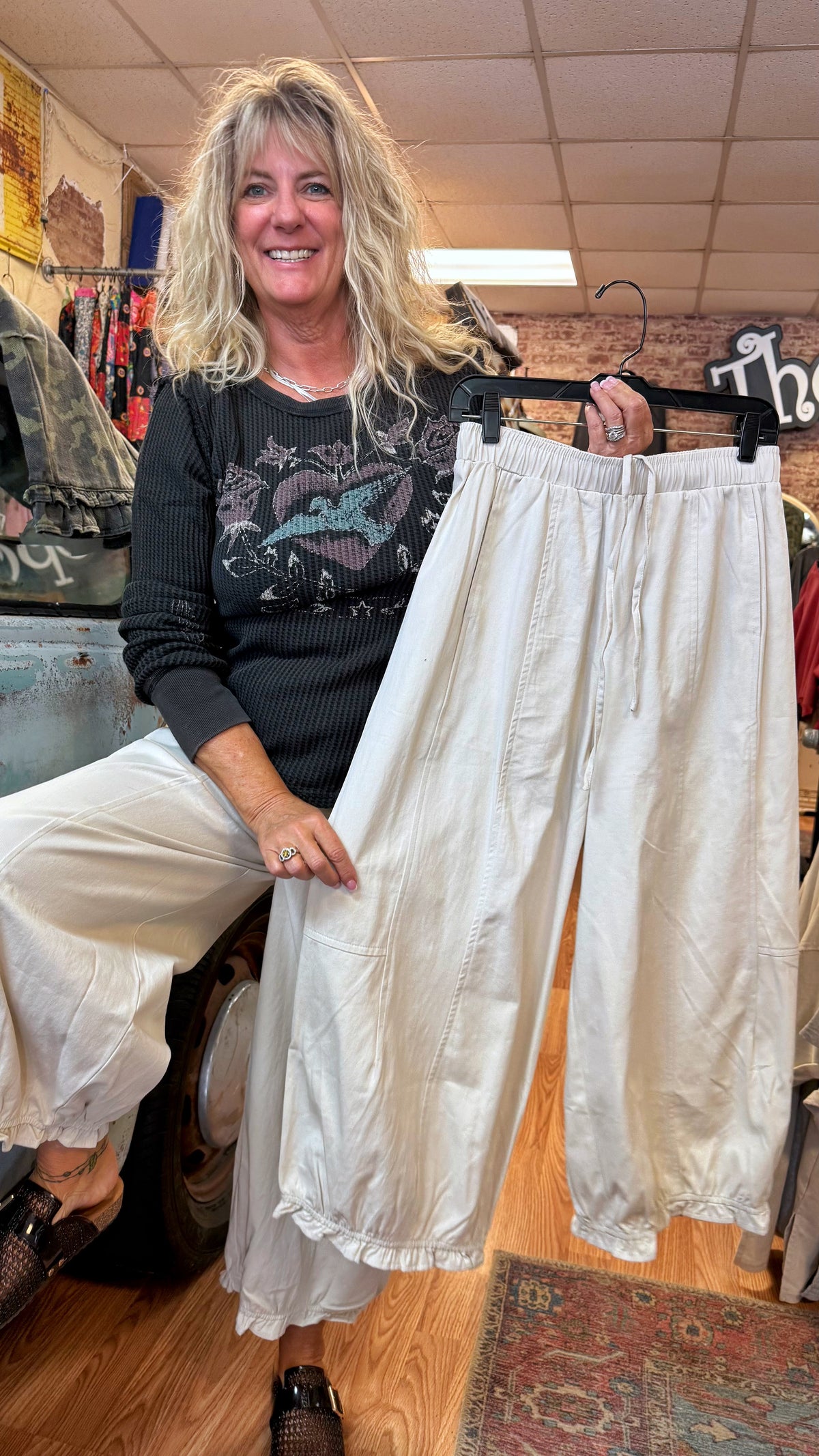 Cream Elastic Waist Balloon Pants