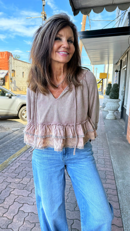 Rose Taupe Thermal Ruffle Top