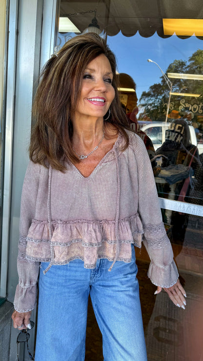 Rose Taupe Thermal Ruffle Top