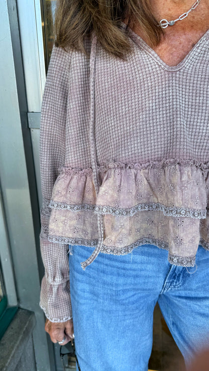 Rose Taupe Thermal Ruffle Top