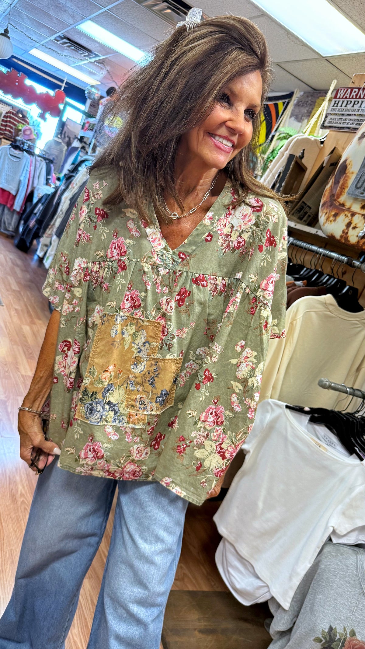 Floral Patchwork V-Neck Top