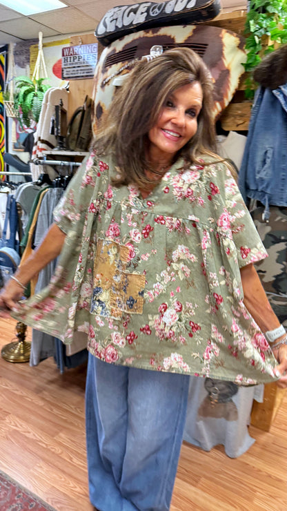 Floral Patchwork V-Neck Top