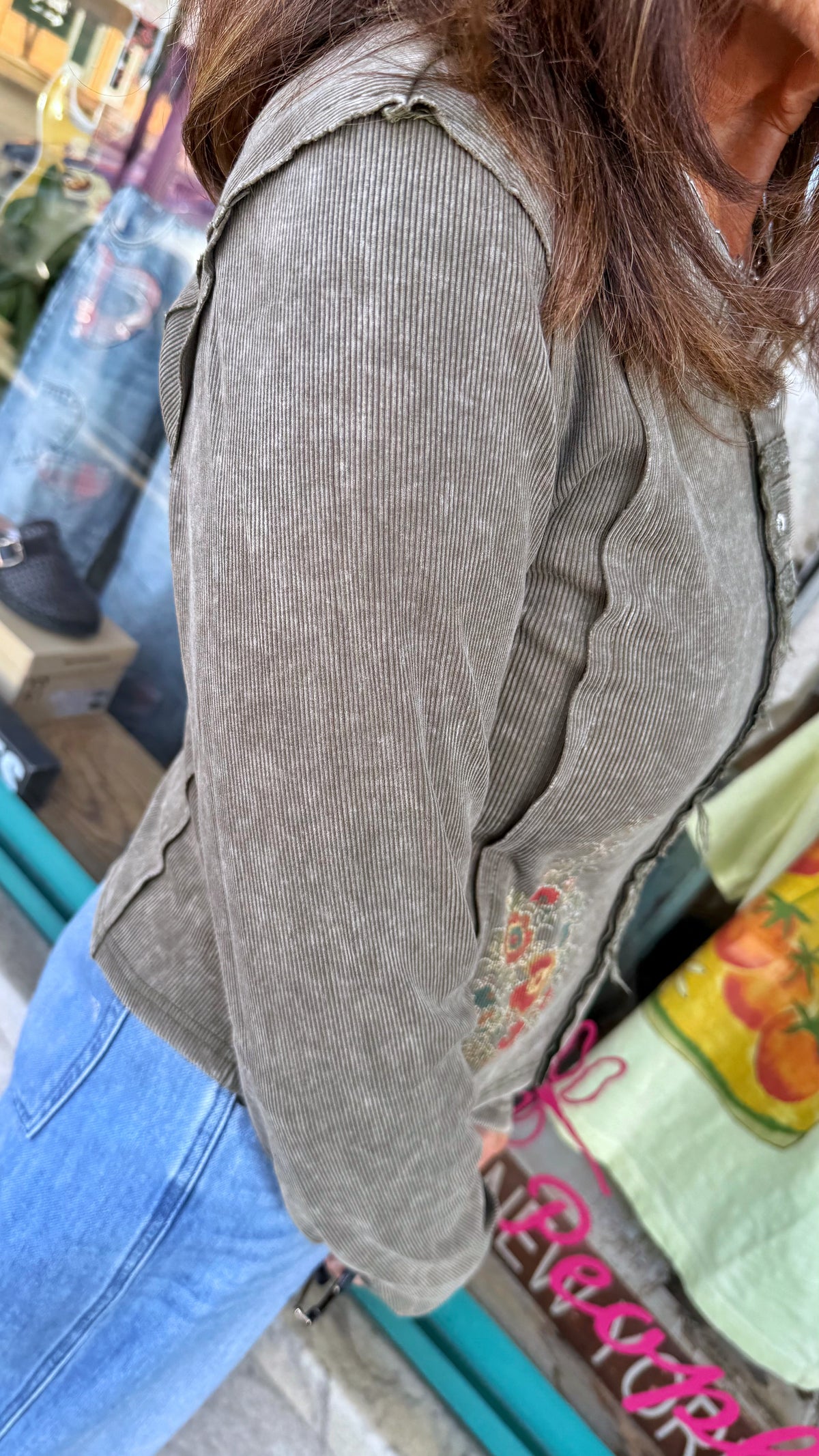 Olive Washed Ribbed Placket Top