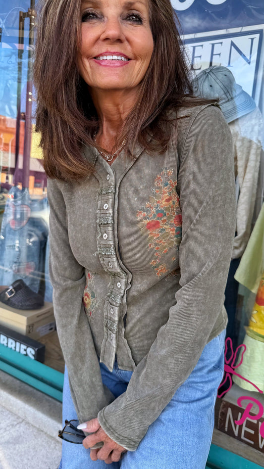 Olive Washed Ribbed Placket Top