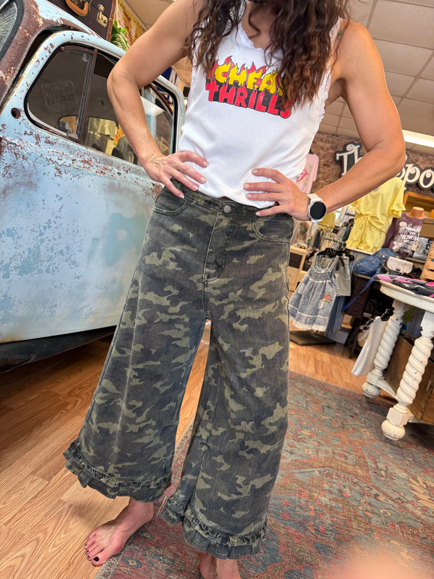 Camo Denim Ruffle Hem Bloomer Pants