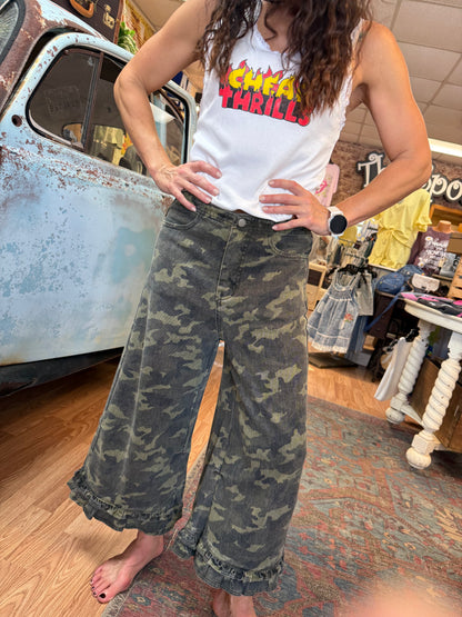 Camo Denim Ruffle Hem Bloomer Pants