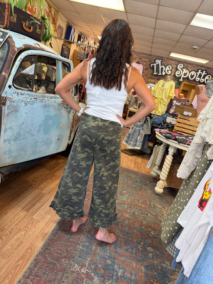 Camo Denim Ruffle Hem Bloomer Pants