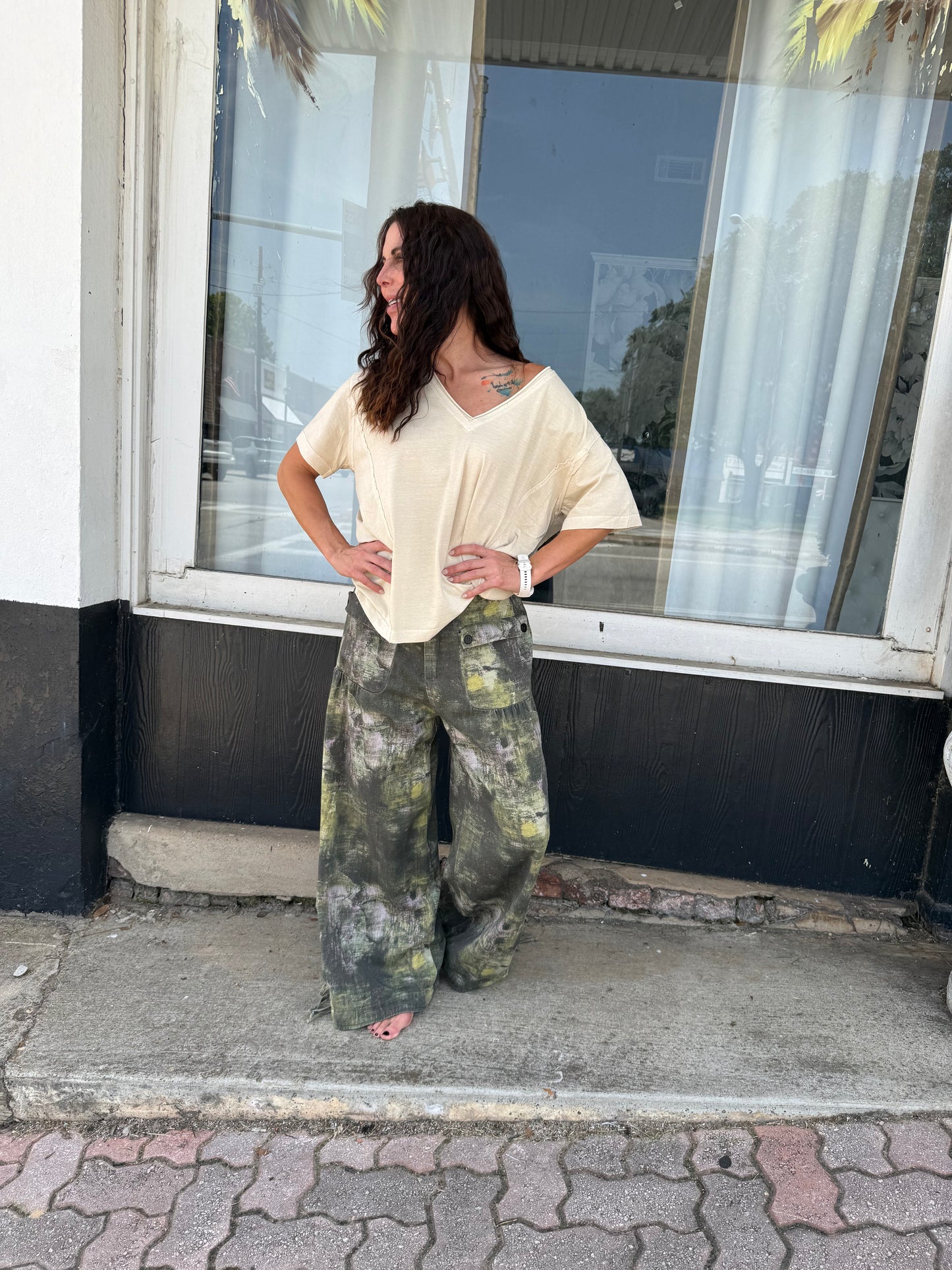 Khaki Raw Edge V-Neck Tee