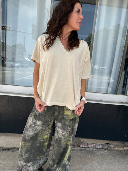 Khaki Raw Edge V-Neck Tee