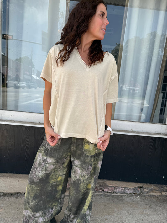 Khaki Raw Edge V-Neck Tee