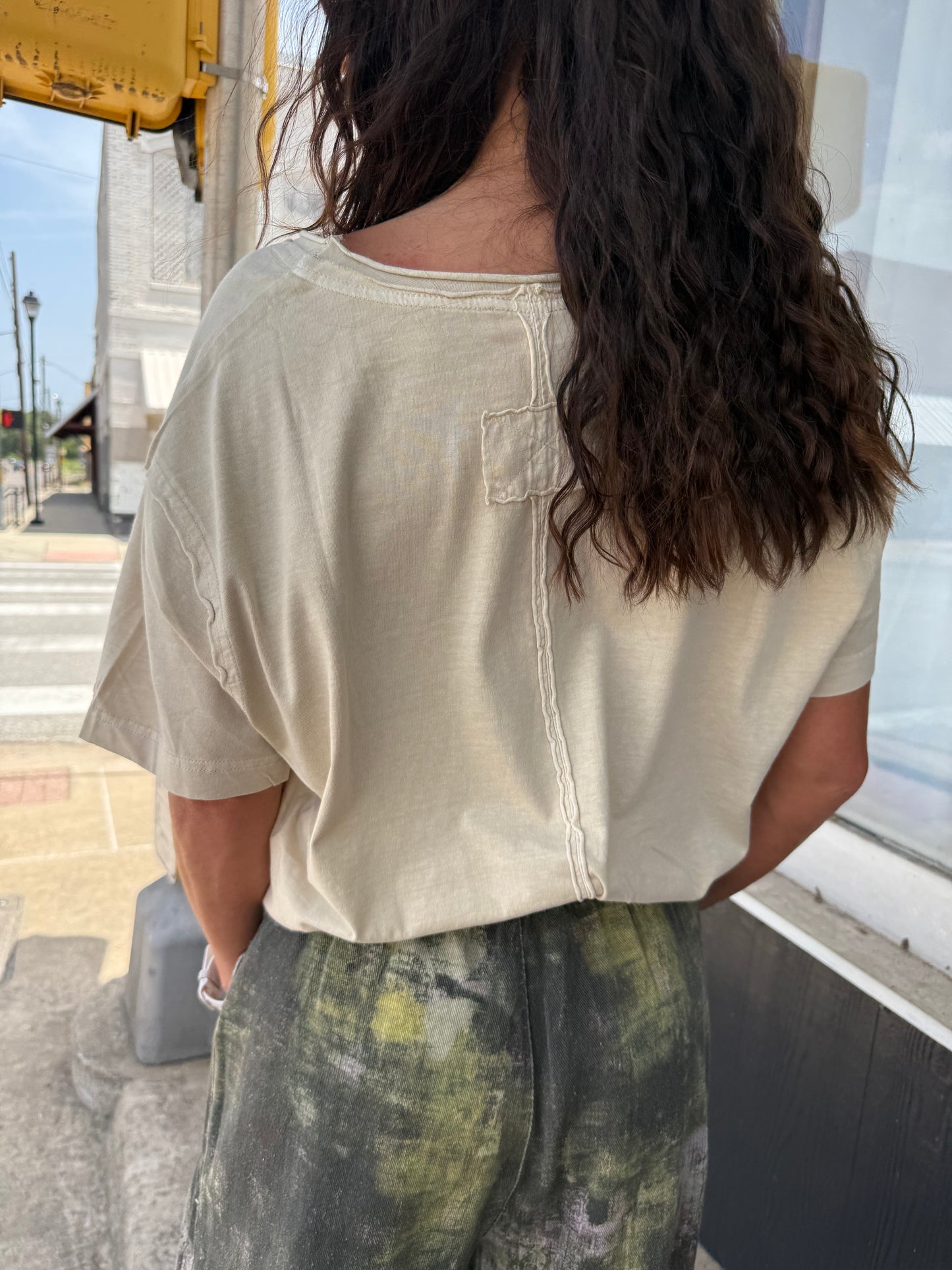 Khaki Raw Edge V-Neck Tee