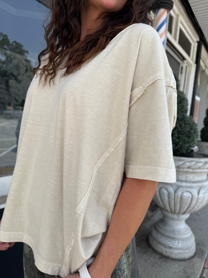 Khaki Raw Edge V-Neck Tee