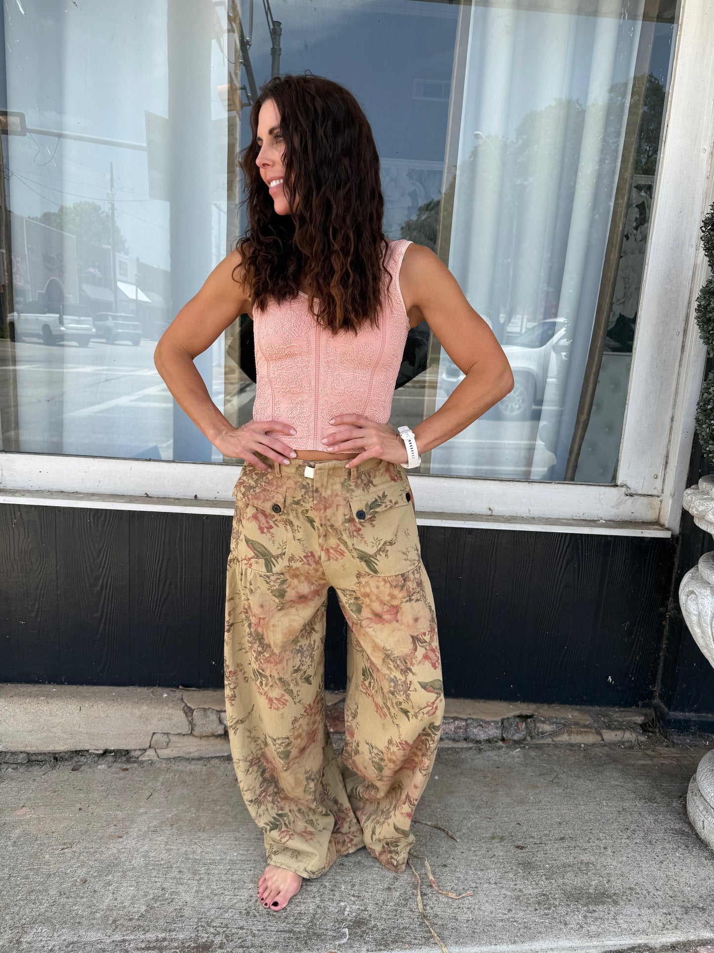 Tan Floral Denim Twill Pants