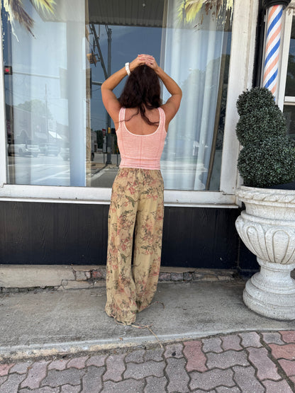 Tan Floral Denim Twill Pants