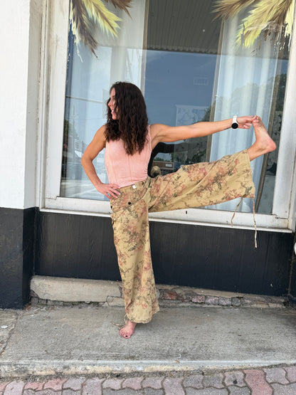 Tan Floral Denim Twill Pants