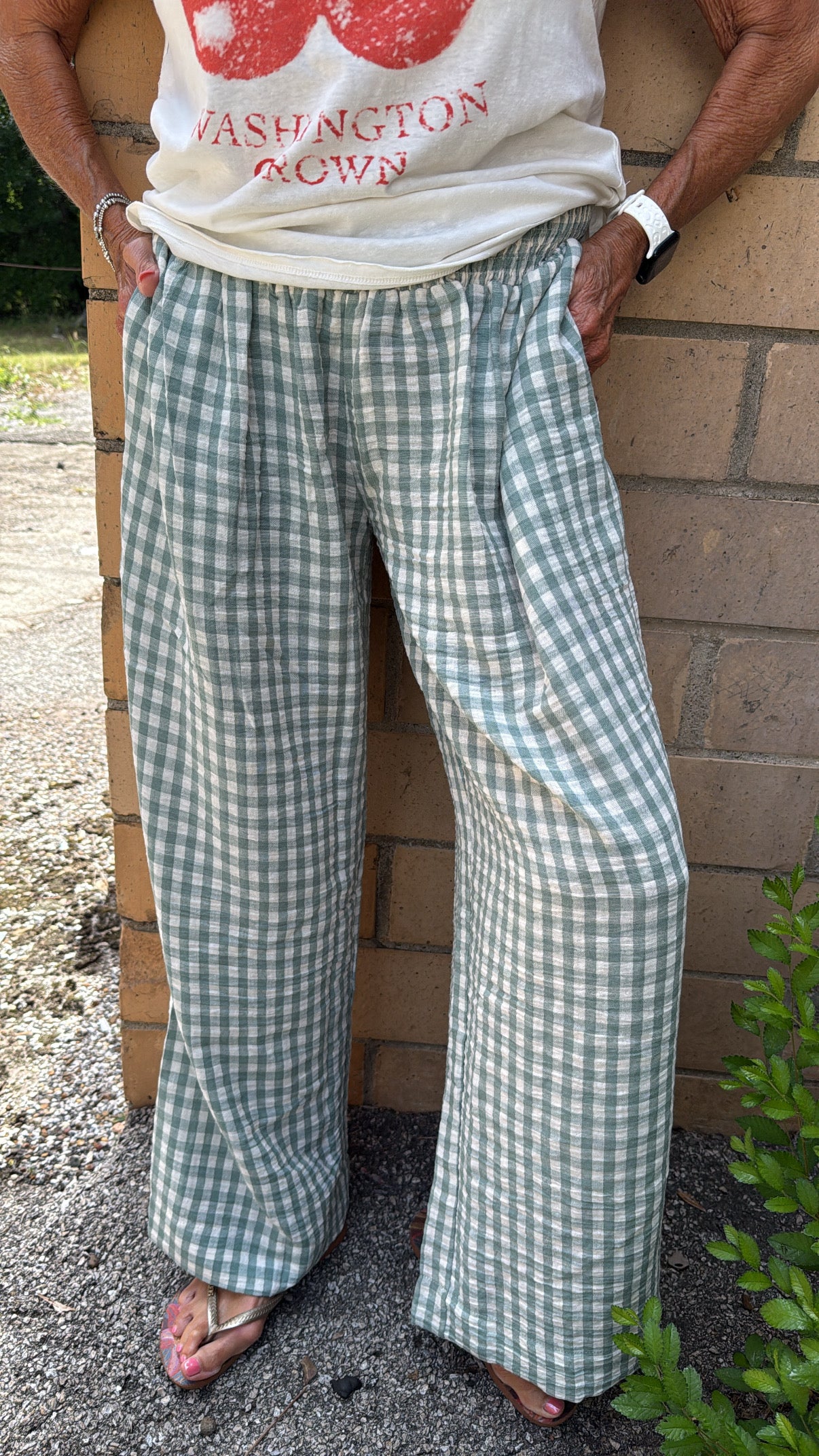 Mint Gingham Easy Wide Leg Pants