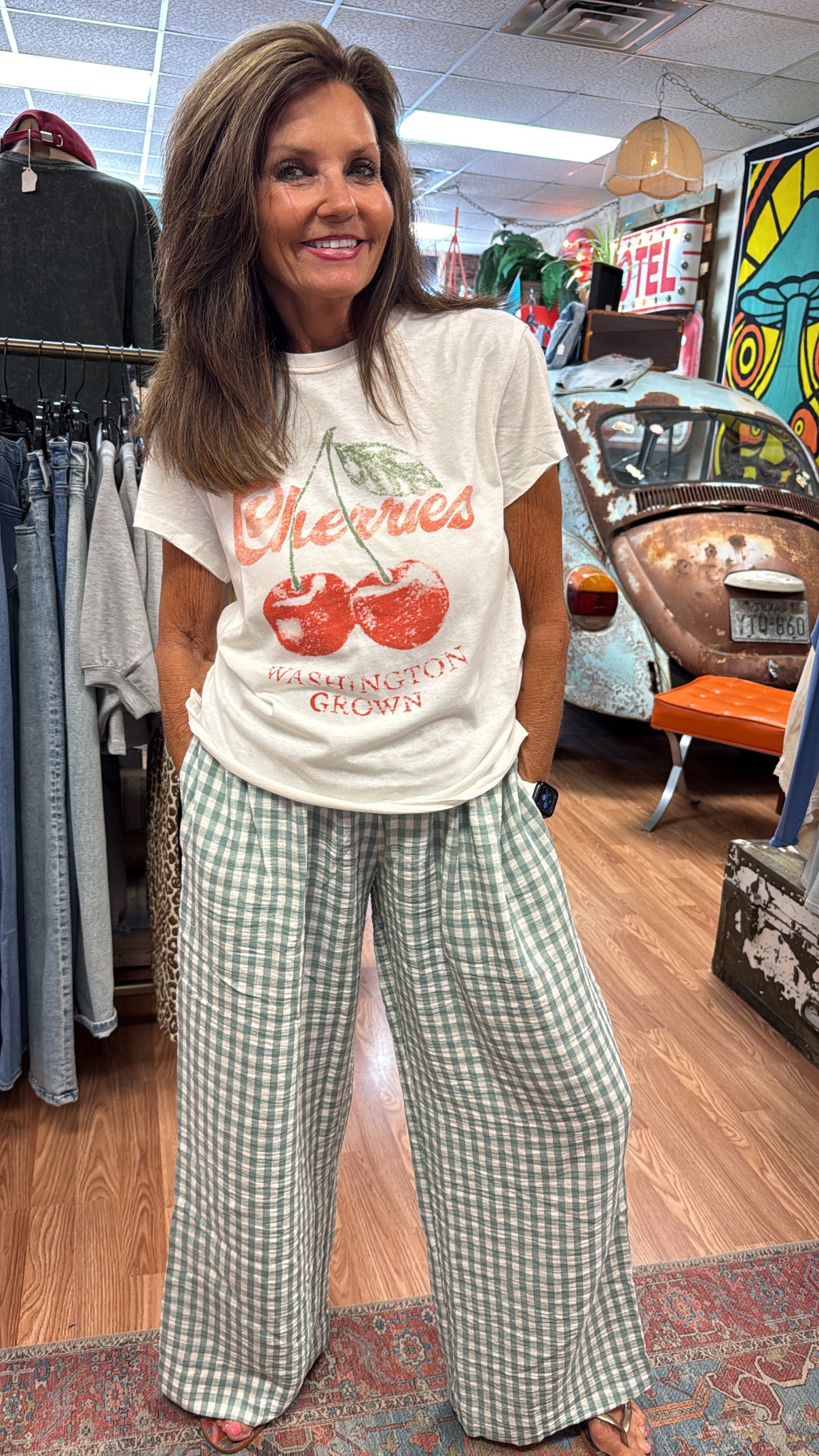 Mint Gingham Easy Wide Leg Pants